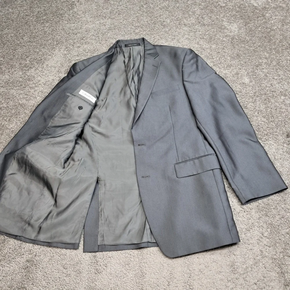 Calvin Klein Mens 2 Piece Suit 38L 30x32 Sharkskin Gray Herringbone Blazer Pant